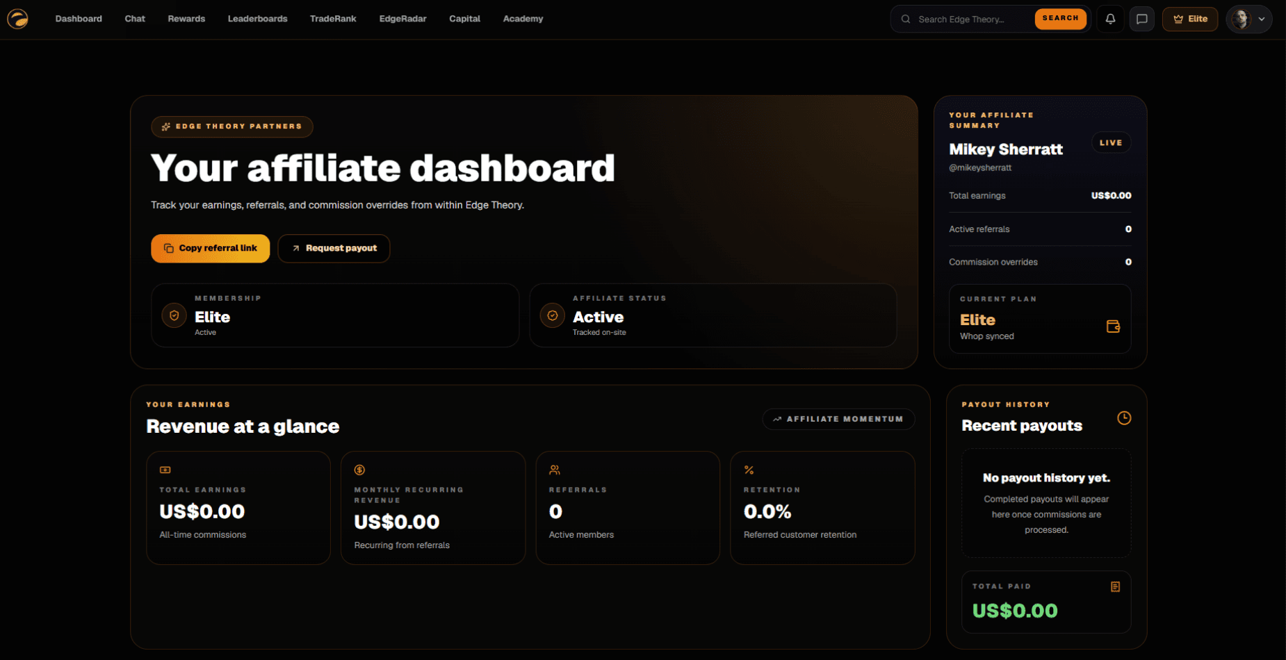 Edge Theory affiliate dashboard preview