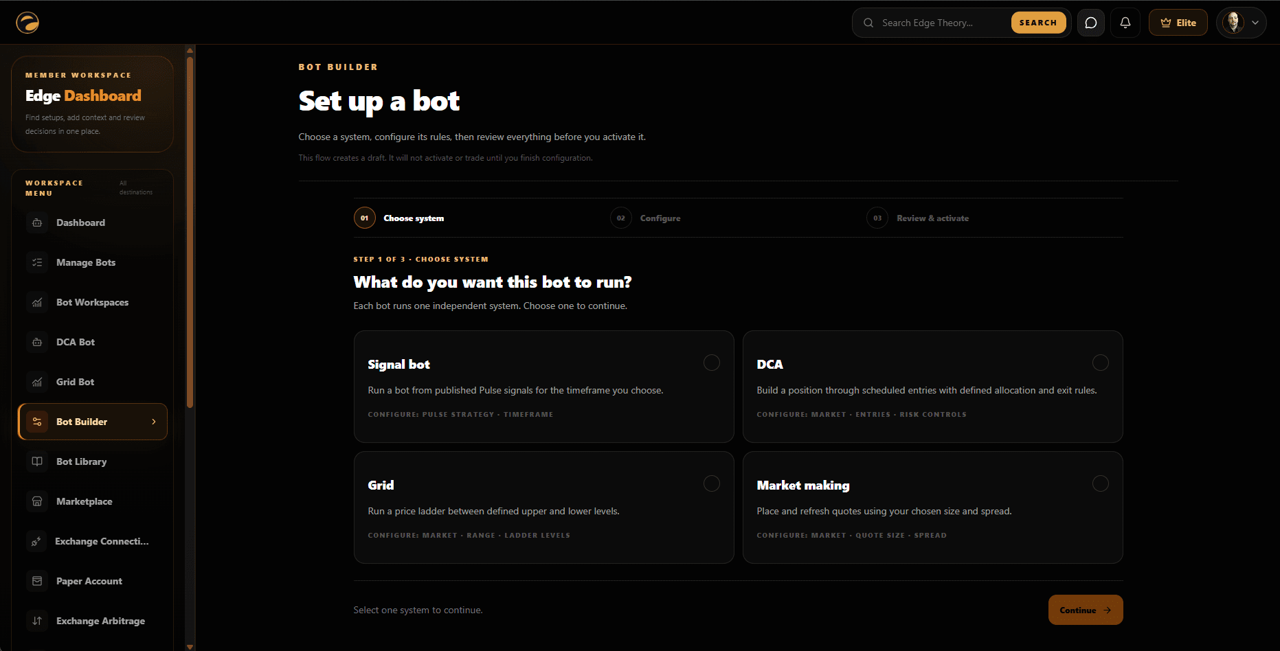 Edge Theory Bot Builder showing available Bot systems and configuration choices