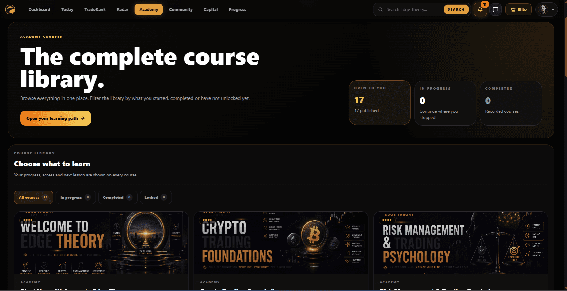 Current Edge Theory Academy interface showing structured lesson pathways