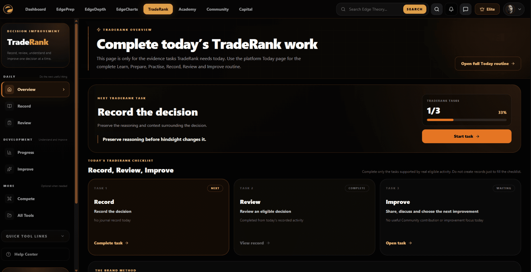 Current TradeRank workspace showing evidence tasks for recording, review and improvement